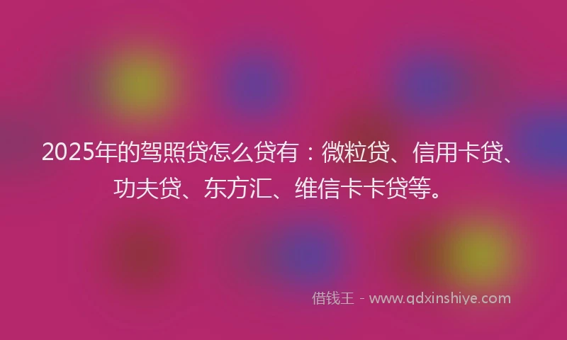 2025年的驾照贷怎么贷有：微粒贷、信用卡贷、功夫贷、东方汇、维信卡卡贷等。