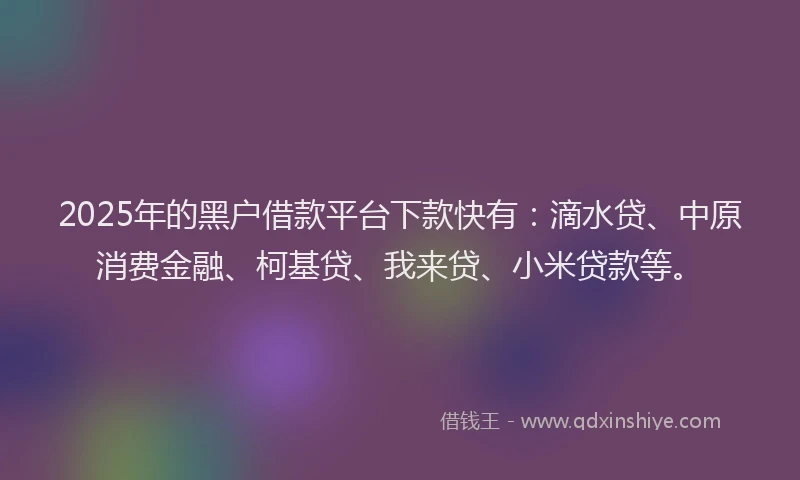 2025年的黑户借款平台下款快有：滴水贷、中原消费金融、柯基贷、我来贷、小米贷款等。