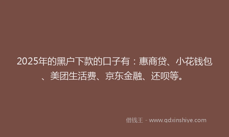 2025年的黑户下款的口子有：惠商贷、小花钱包、美团生活费、京东金融、还呗等。