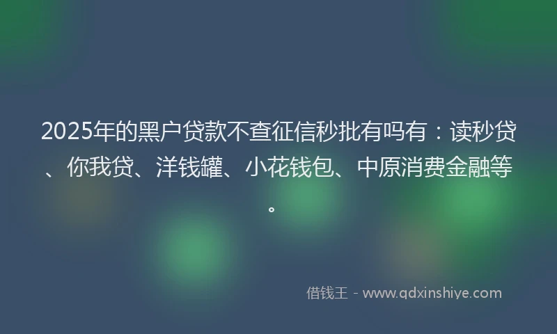 2025年的黑户贷款不查征信秒批有吗有：读秒贷、你我贷、洋钱罐、小花钱包、中原消费金融等。