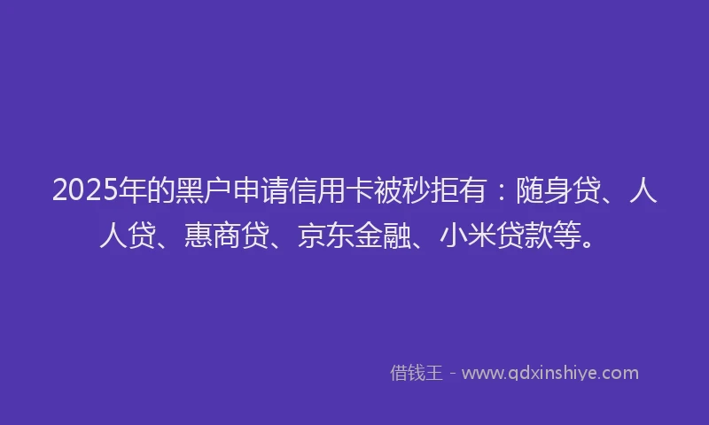 2025年的黑户申请信用卡被秒拒有：随身贷、人人贷、惠商贷、京东金融、小米贷款等。