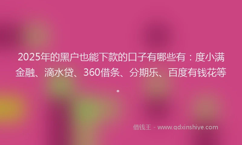 2025年的黑户也能下款的口子有哪些有：度小满金融、滴水贷、360借条、分期乐、百度有钱花等。