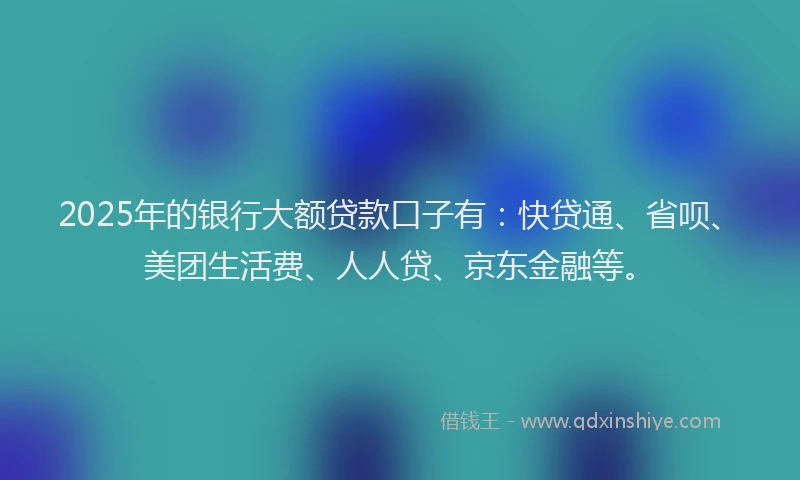 2025年的银行大额贷款口子有：快贷通、省呗、美团生活费、人人贷、京东金融等。