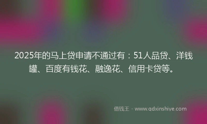 2025年的马上贷申请不通过有：51人品贷、洋钱罐、百度有钱花、融逸花、信用卡贷等。