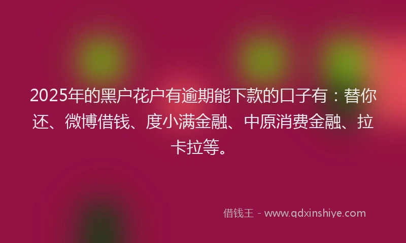 2025年的黑户花户有逾期能下款的口子有：替你还、微博借钱、度小满金融、中原消费金融、拉卡拉等。