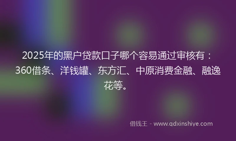 2025年的黑户贷款口子哪个容易通过审核有：360借条、洋钱罐、东方汇、中原消费金融、融逸花等。