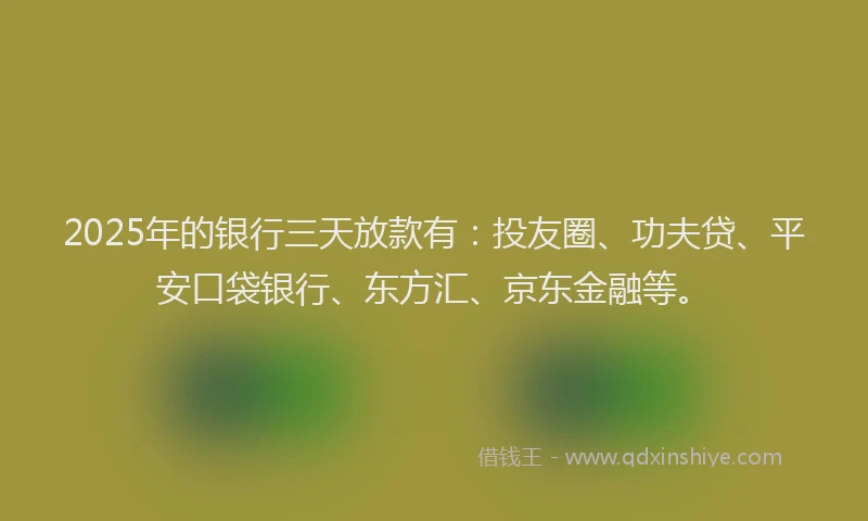 2025年的银行三天放款有：投友圈、功夫贷、平安口袋银行、东方汇、京东金融等。