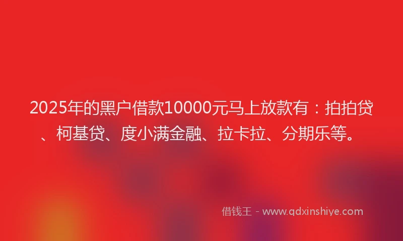 2025年的黑户借款10000元马上放款有：拍拍贷、柯基贷、度小满金融、拉卡拉、分期乐等。
