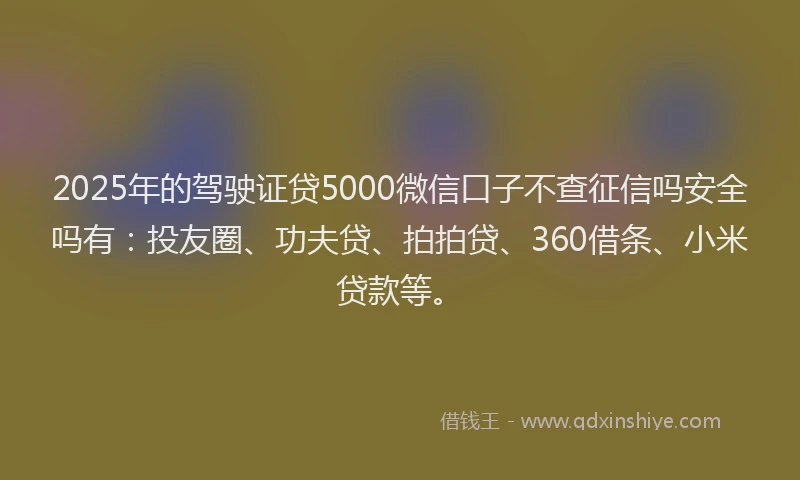 2025年的驾驶证贷5000微信口子不查征信吗安全吗有：投友圈、功夫贷、拍拍贷、360借条、小米贷款等。