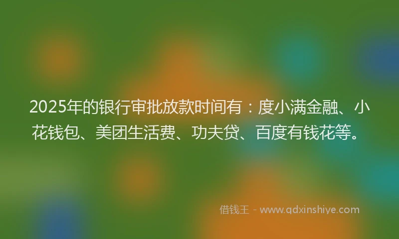 2025年的银行审批放款时间有：度小满金融、小花钱包、美团生活费、功夫贷、百度有钱花等。