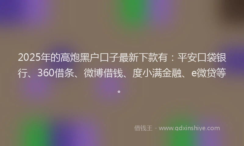 2025年的高炮黑户口子最新下款有：平安口袋银行、360借条、微博借钱、度小满金融、e微贷等。
