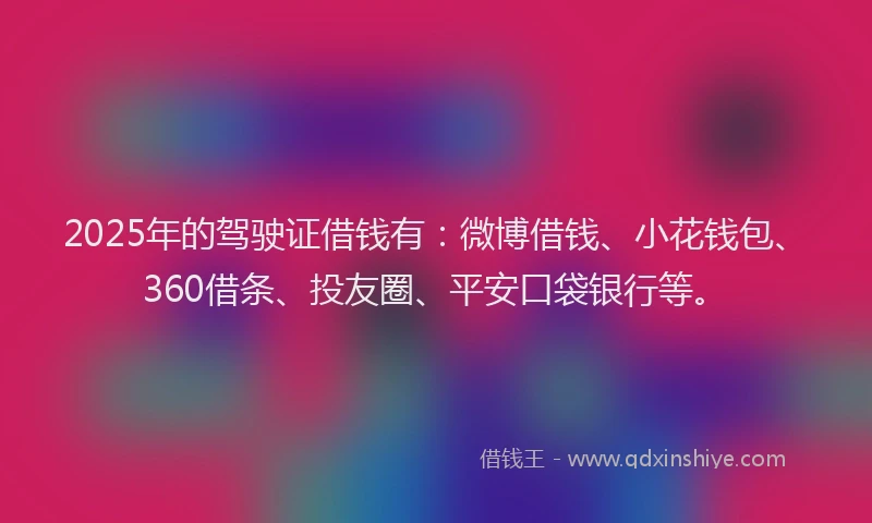 2025年的驾驶证借钱有:微博借钱、小花钱包、360借条、投友圈、平安口袋银行等。