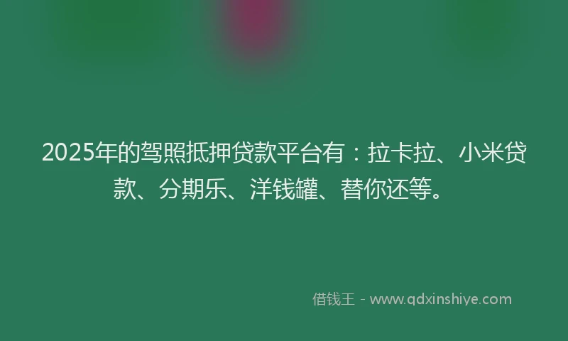2025年的驾照抵押贷款平台有：拉卡拉、小米贷款、分期乐、洋钱罐、替你还等。