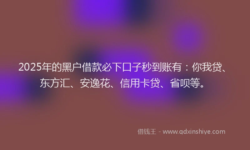 2025年的黑户借款必下口子秒到账有：你我贷、东方汇、安逸花、信用卡贷、省呗等。