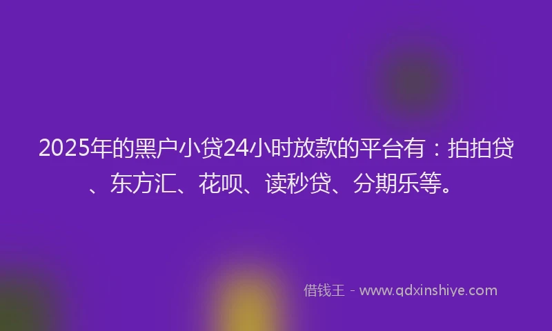 2025年的黑户小贷24小时放款的平台有：拍拍贷、东方汇、花呗、读秒贷、分期乐等。