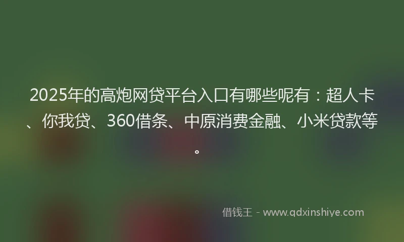 2025年的高炮网贷平台入口有哪些呢有：超人卡、你我贷、360借条、中原消费金融、小米贷款等。