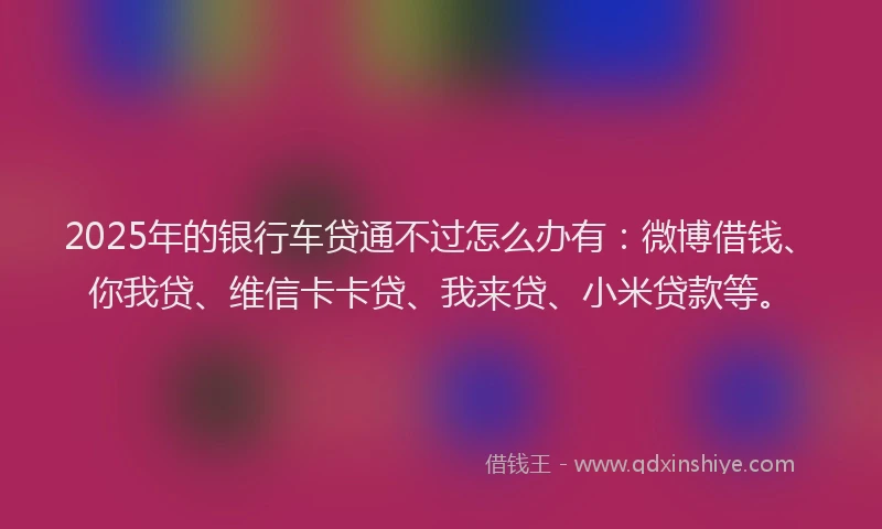2025年的银行车贷通不过怎么办有：微博借钱、你我贷、维信卡卡贷、我来贷、小米贷款等。
