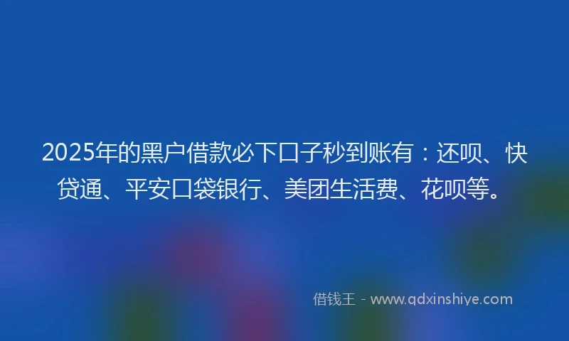 2025年的黑户借款必下口子秒到账有：还呗、快贷通、平安口袋银行、美团生活费、花呗等。