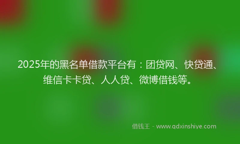 2025年的黑名单借款平台有：团贷网、快贷通、维信卡卡贷、人人贷、微博借钱等。
