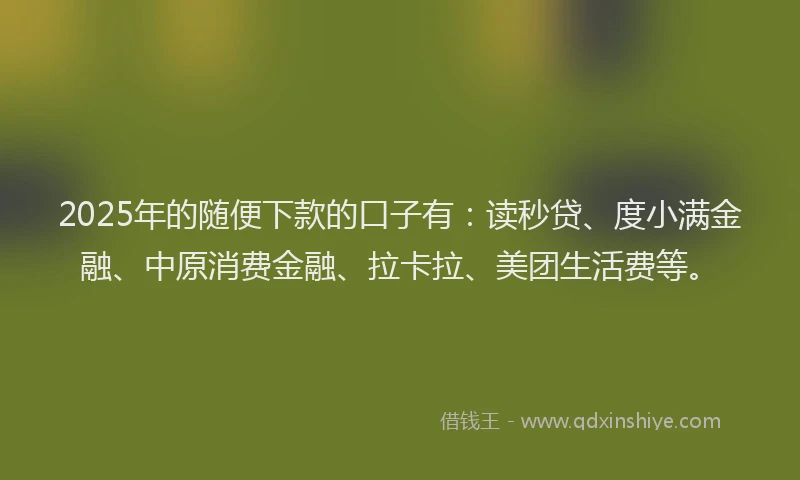 2025年的随便下款的口子有：读秒贷、度小满金融、中原消费金融、拉卡拉、美团生活费等。