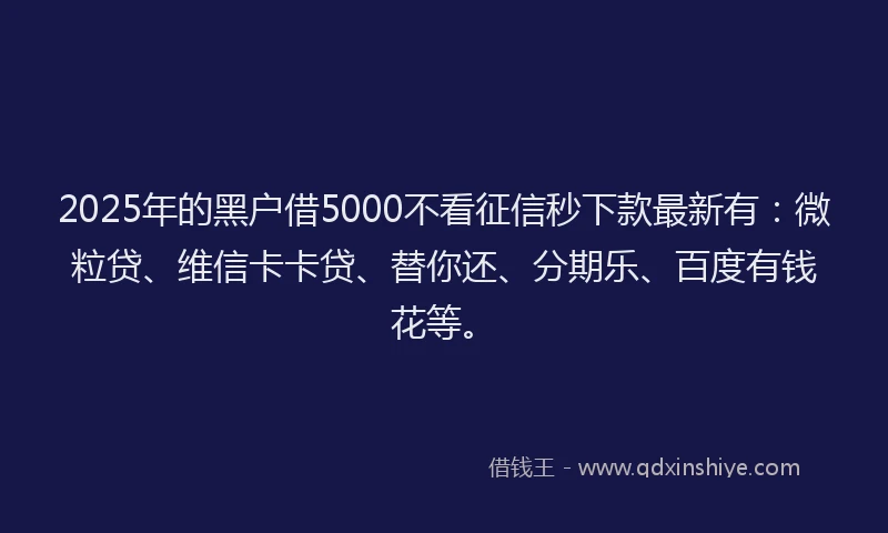 2025年的黑户借5000不看征信秒下款最新有：微粒贷、维信卡卡贷、替你还、分期乐、百度有钱花等。