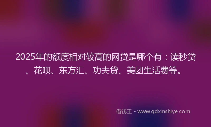 2025年的额度相对较高的网贷是哪个有：读秒贷、花呗、东方汇、功夫贷、美团生活费等。