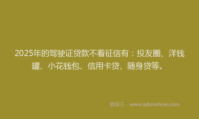 2025年的驾驶证贷款不看征信有：投友圈、洋钱罐、小花钱包、信用卡贷、随身贷等。