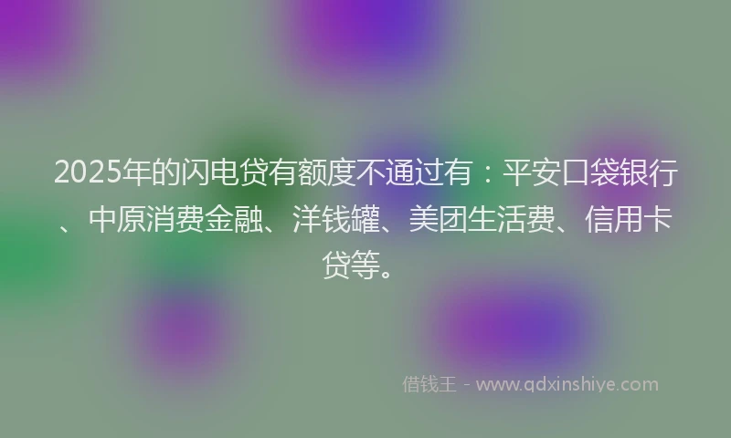 2025年的闪电贷有额度不通过有：平安口袋银行、中原消费金融、洋钱罐、美团生活费、信用卡贷等。