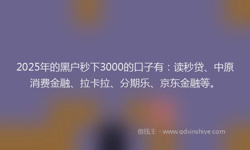 2025年的黑户秒下3000的口子有：读秒贷、中原消费金融、拉卡拉、分期乐、京东金融等。