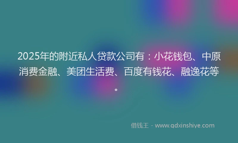 2025年的附近私人贷款公司有：小花钱包、中原消费金融、美团生活费、百度有钱花、融逸花等。