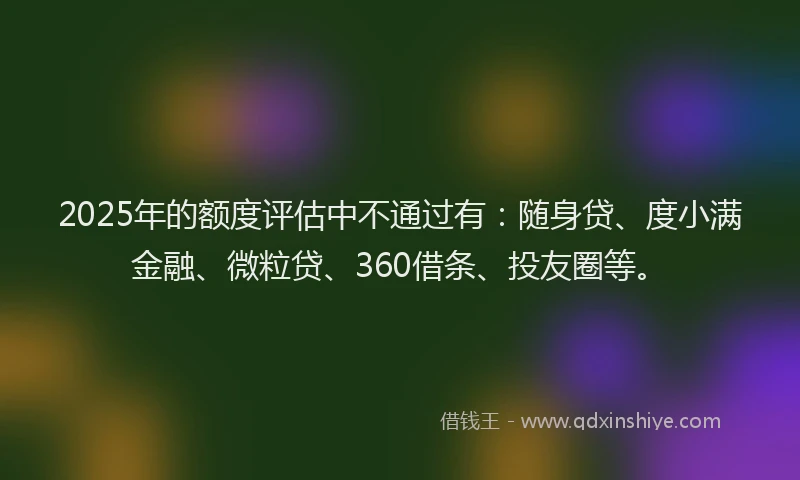 2025年的额度评估中不通过有：随身贷、度小满金融、微粒贷、360借条、投友圈等。