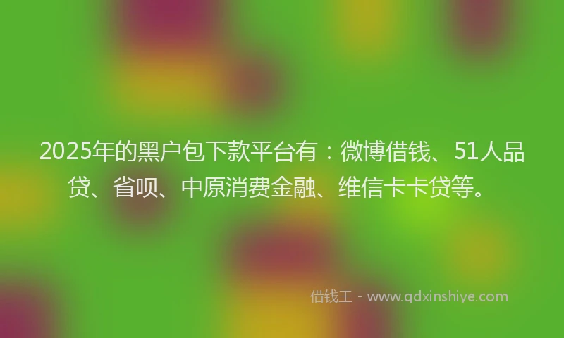 2025年的黑户包下款平台有：微博借钱、51人品贷、省呗、中原消费金融、维信卡卡贷等。