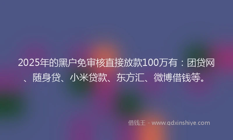 2025年的黑户免审核直接放款100万有：团贷网、随身贷、小米贷款、东方汇、微博借钱等。