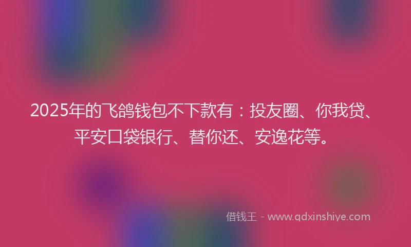 2025年的飞鸽钱包不下款有：投友圈、你我贷、平安口袋银行、替你还、安逸花等。