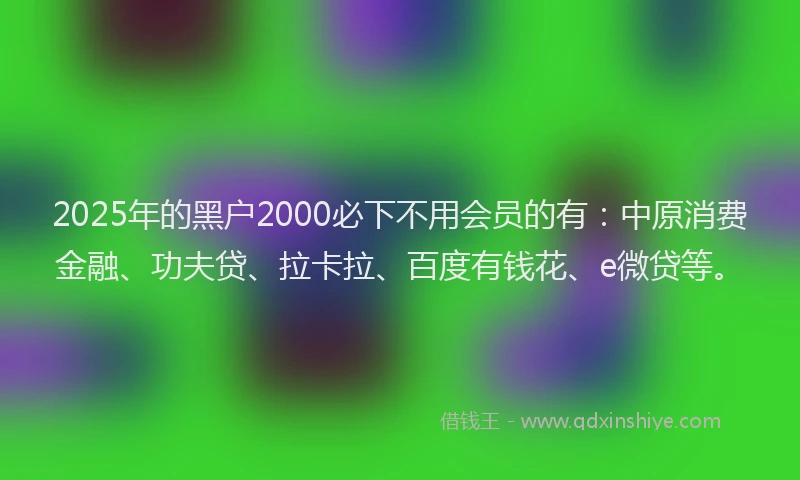 2025年的黑户2000必下不用会员的有：中原消费金融、功夫贷、拉卡拉、百度有钱花、e微贷等。