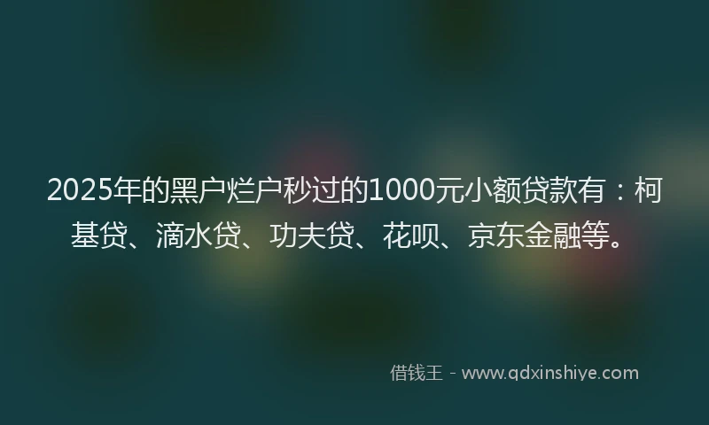 2025年的黑户烂户秒过的1000元小额贷款有：柯基贷、滴水贷、功夫贷、花呗、京东金融等。