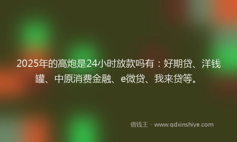 2025年的高炮是24小时放款吗有：好期贷、洋钱罐、中原消费金融、e微贷、我来贷等。