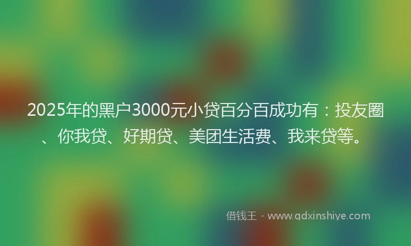 2025年的黑户3000元小贷百分百成功有：投友圈、你我贷、好期贷、美团生活费、我来贷等。
