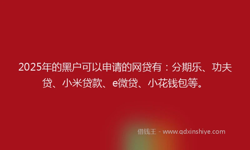 2025年的黑户可以申请的网贷有：分期乐、功夫贷、小米贷款、e微贷、小花钱包等。