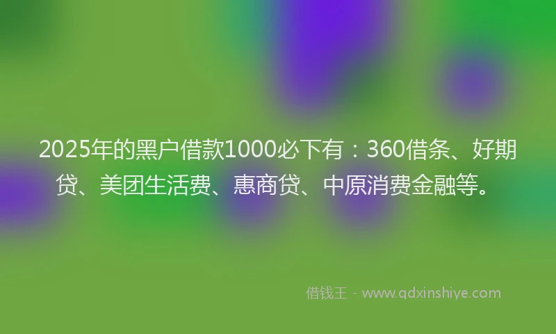 2025年的黑户借款1000必下有：360借条、好期贷、美团生活费、惠商贷、中原消费金融等。