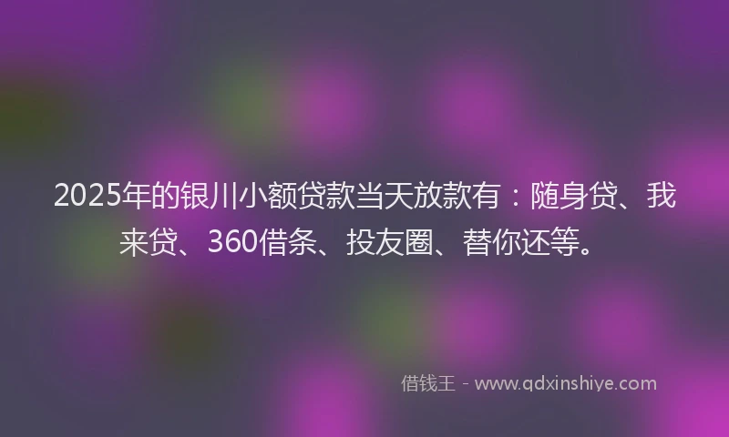 2025年的银川小额贷款当天放款有：随身贷、我来贷、360借条、投友圈、替你还等。