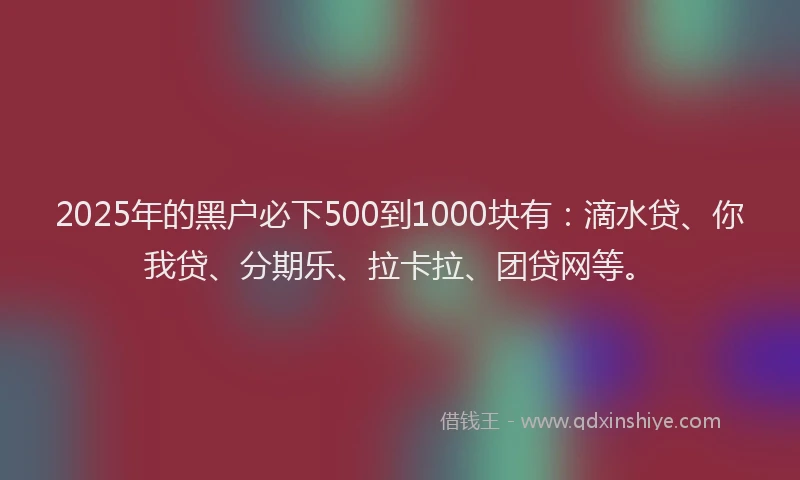 2025年的黑户必下500到1000块有：滴水贷、你我贷、分期乐、拉卡拉、团贷网等。