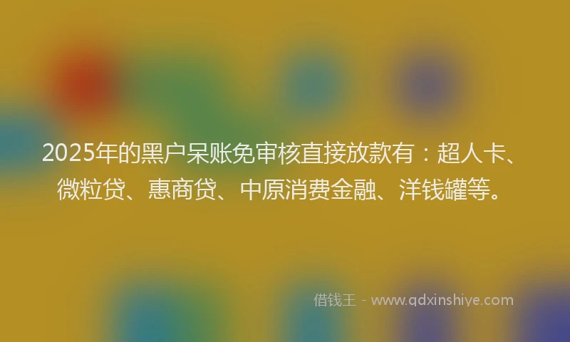 2025年的黑户呆账免审核直接放款有：超人卡、微粒贷、惠商贷、中原消费金融、洋钱罐等。