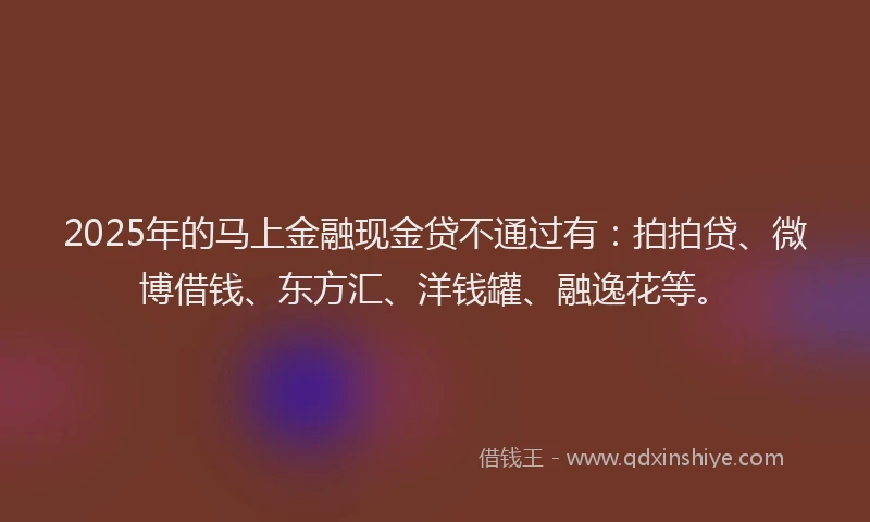 2025年的马上金融现金贷不通过有：拍拍贷、微博借钱、东方汇、洋钱罐、融逸花等。