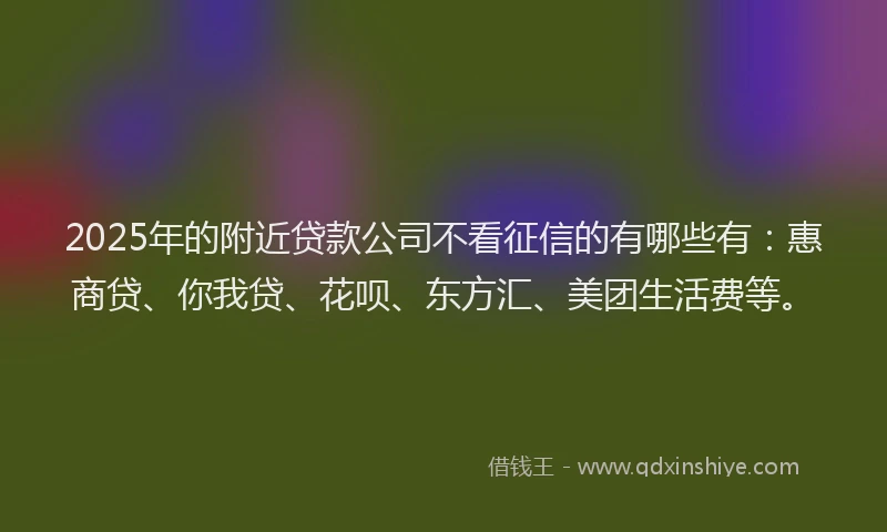2025年的附近贷款公司不看征信的有哪些有：惠商贷、你我贷、花呗、东方汇、美团生活费等。
