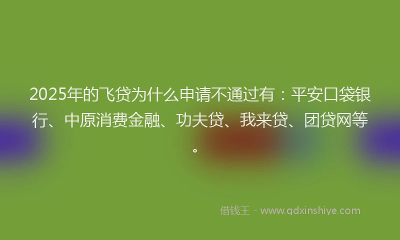 2025年的飞贷为什么申请不通过有：平安口袋银行、中原消费金融、功夫贷、我来贷、团贷网等。