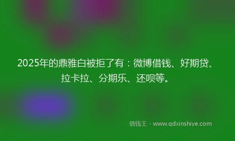 2025年的鼎雅白被拒了有：微博借钱、好期贷、拉卡拉、分期乐、还呗等。