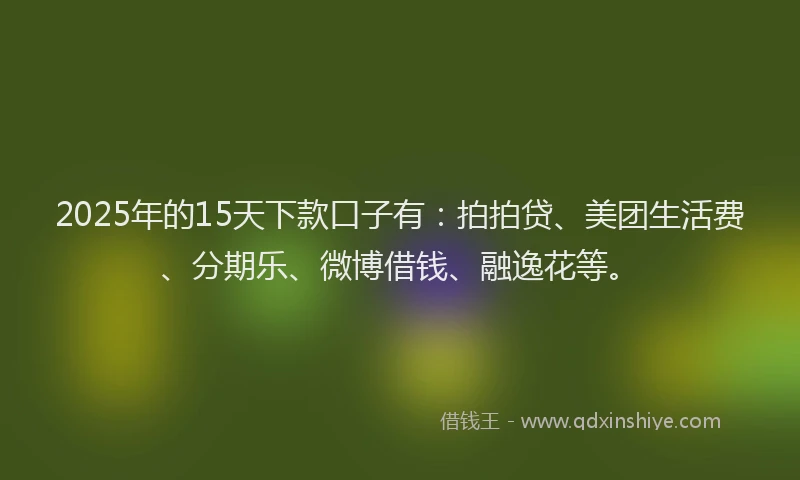 2025年的15天下款口子有：拍拍贷、美团生活费、分期乐、微博借钱、融逸花等。
