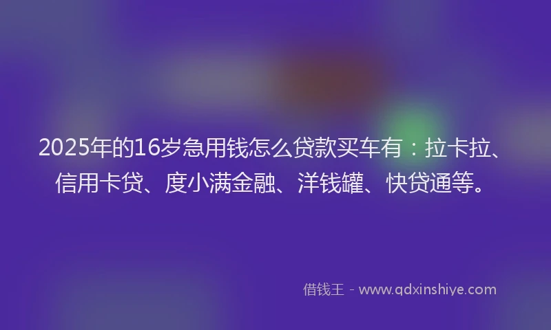 2025年的16岁急用钱怎么贷款买车有：拉卡拉、信用卡贷、度小满金融、洋钱罐、快贷通等。