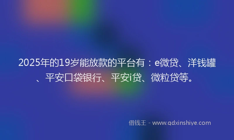 2025年的19岁能放款的平台有：e微贷、洋钱罐、平安口袋银行、平安i贷、微粒贷等。